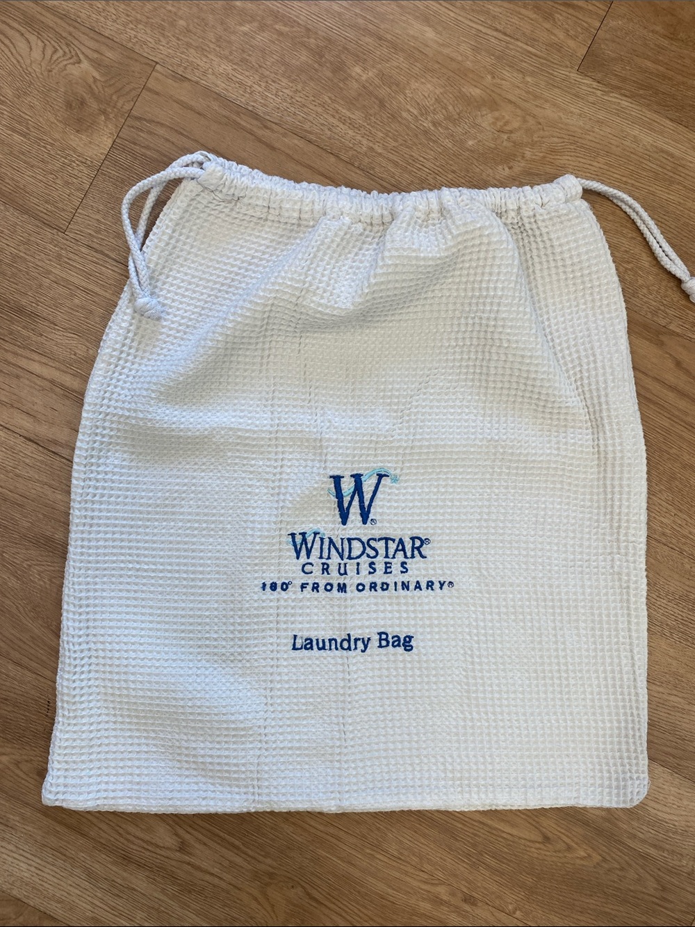 Windstar Cruises waffle knit Laundry Drawstring Bag embroidered logo white